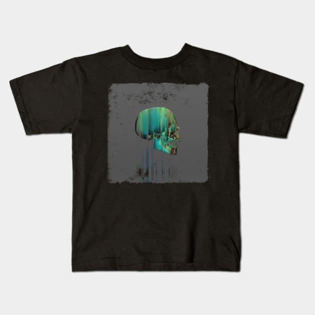 Green Glitch Skull Kids T-Shirt by DyrkWyst